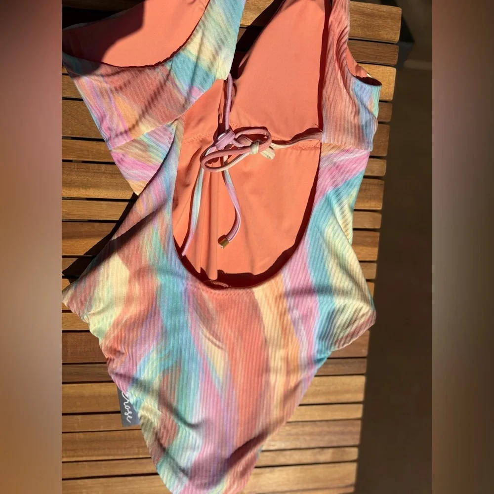 LARGE NWT Asymmetrical Pastel Striped Women's One Piece Bikini pink multi color - Picture 5 of 6